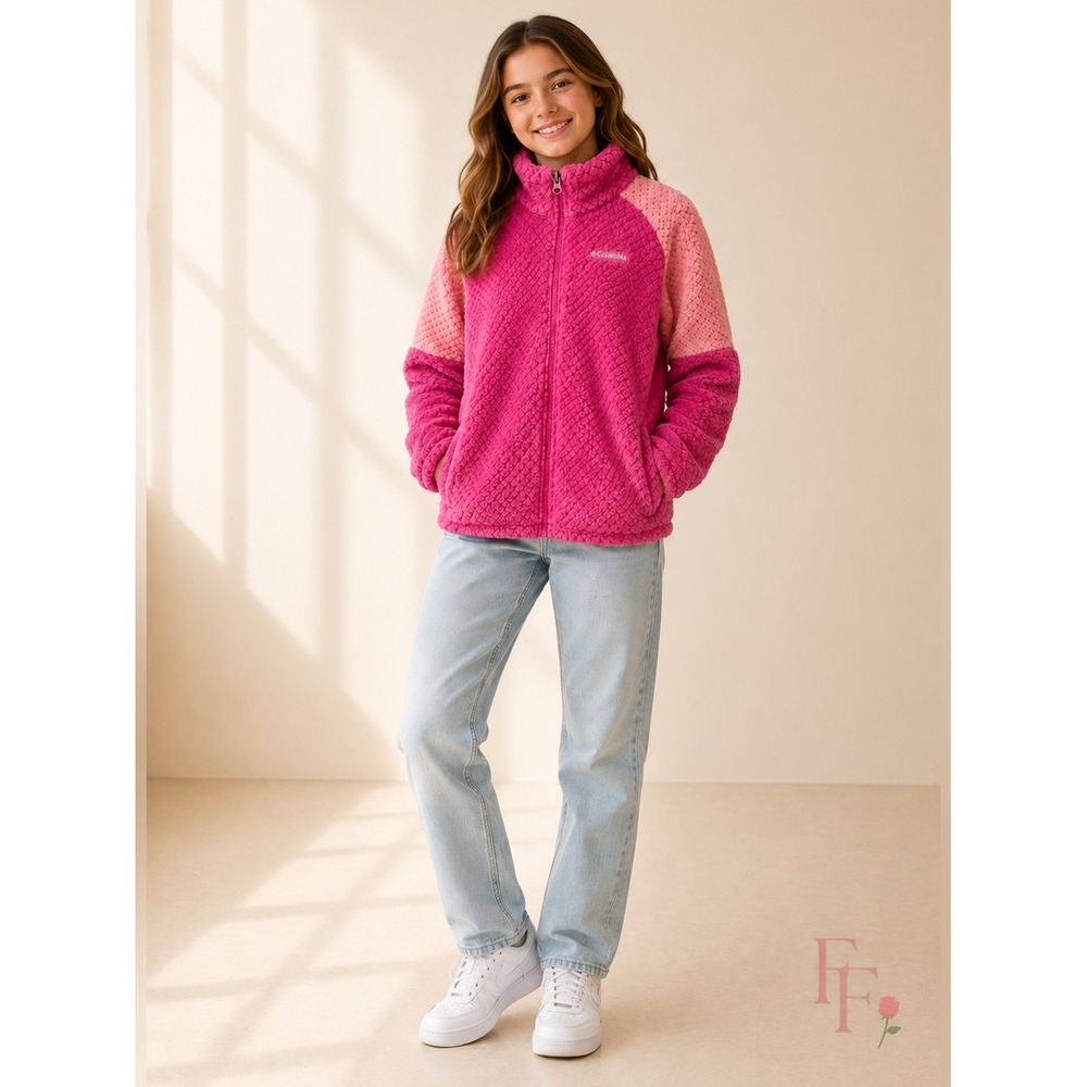 Columbia Girls Pink Sherpa Fleece Jacket Size Large 14/16 Quarter Zip Pullover